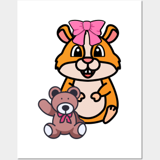 Funny Hamster is holding a teddy bear Posters and Art